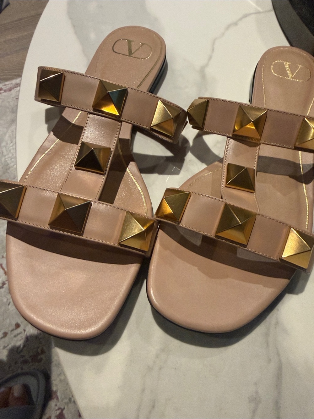 Valentino Nude/Tan Slide Sandals with Gold Pyramid Studs